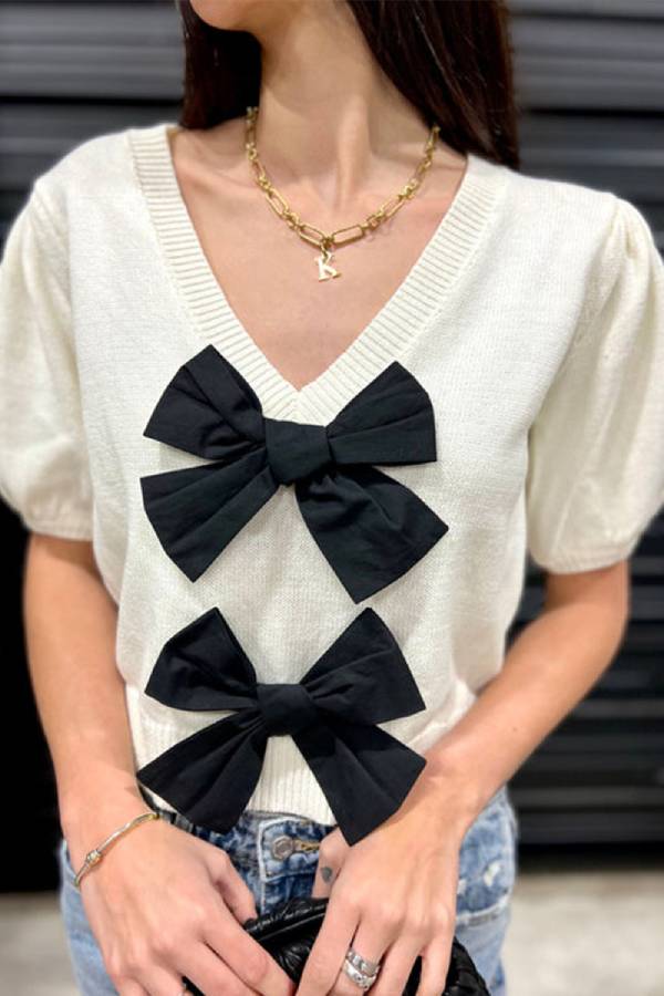 V-Neck Short-Sleeved Double Bow Solid Color Sweater