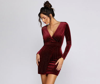 Studded Velvet Wrap Surplice Long Sleeve Bodycon Mini Dress