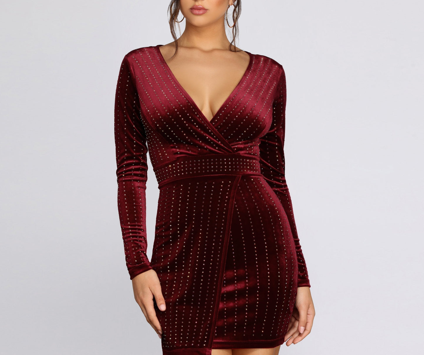 Studded Velvet Wrap Surplice Long Sleeve Bodycon Mini Dress