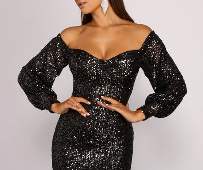 Off Shoulder Sweetheart Sequin Long Sleeve Bodycon Mini Dress