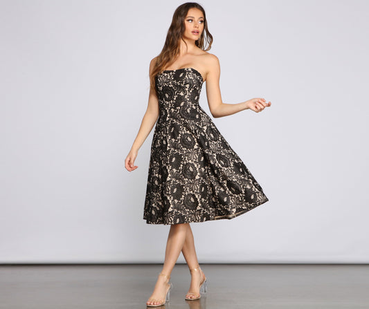 Floral Lace Strapless Structured Bodice Pleated Fit and Flare Midi Dress