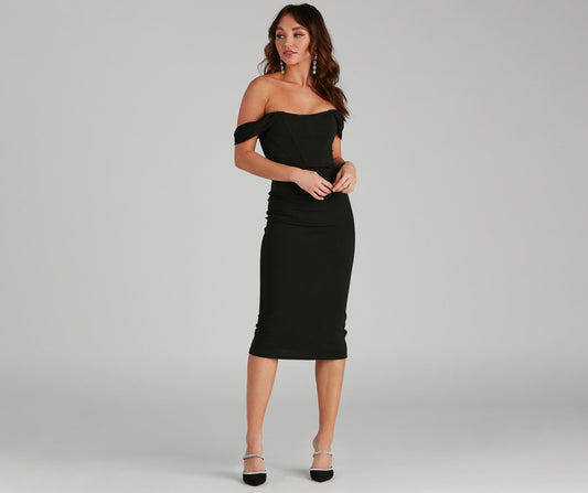 Off Shoulder Corset Bodice Crepe Midi Dress