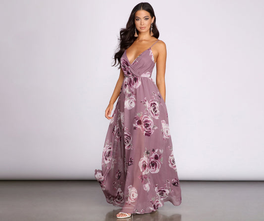 Floral Print Spaghetti Strap Surplice Wrap Chiffon Overlay Maxi Dress