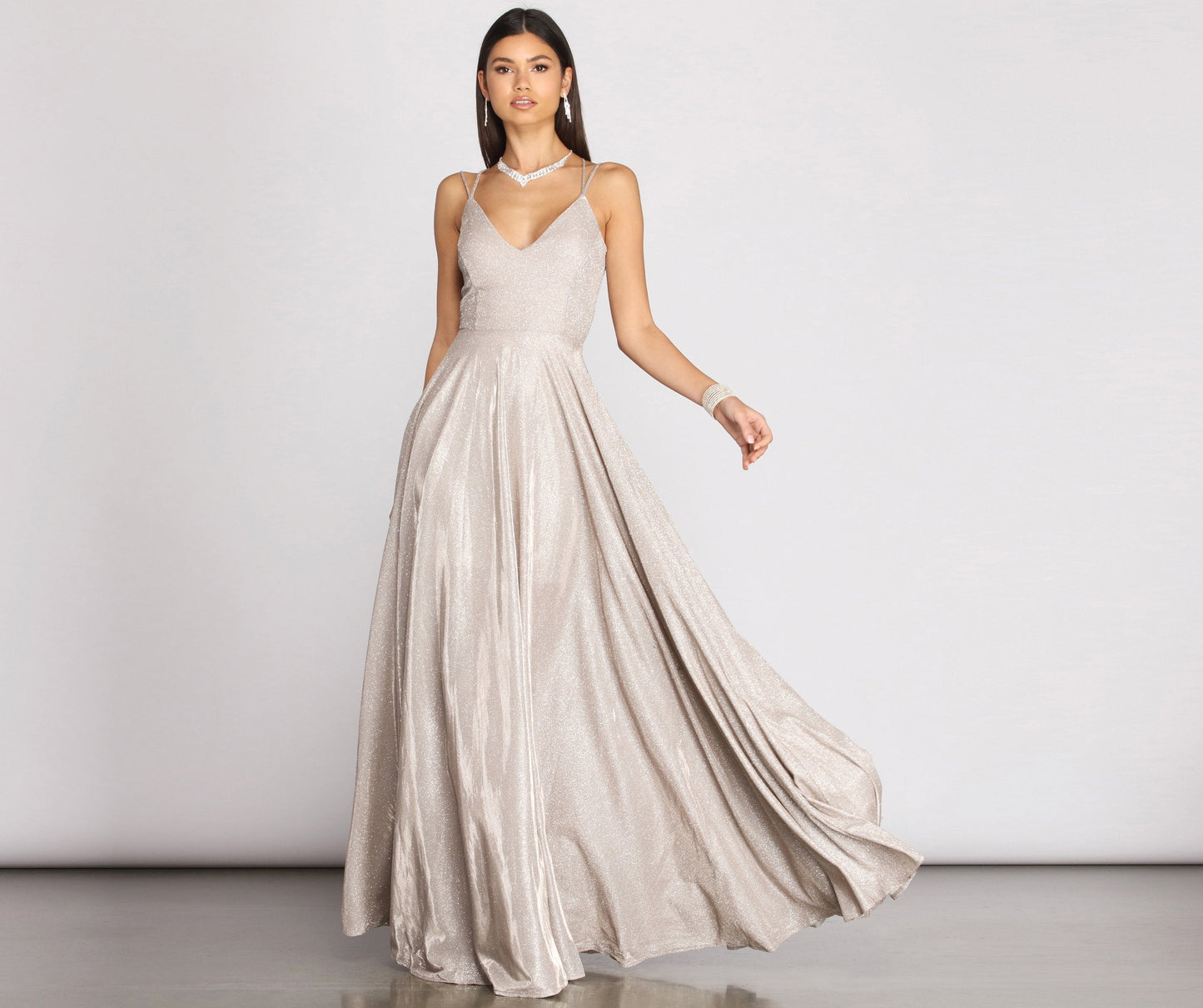 Glitter V-Neck Spaghetti Strap A-Line Pleated Maxi Gown