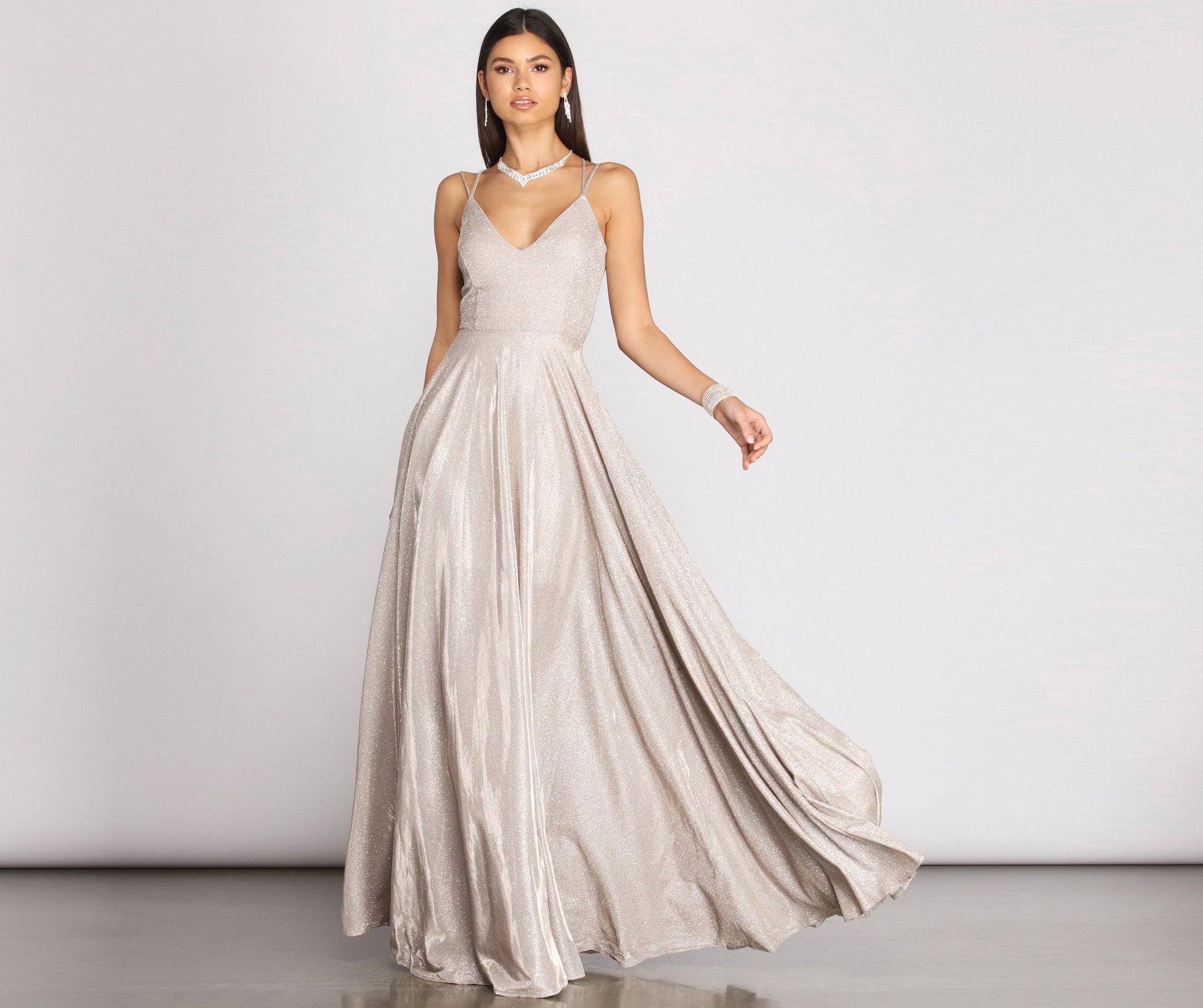 Glitter V-Neck Spaghetti Strap A-Line Pleated Maxi Gown