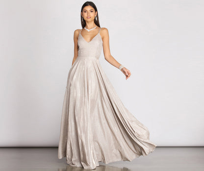 Glitter V-Neck Spaghetti Strap A-Line Pleated Maxi Gown