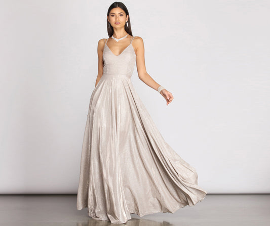 Glitter V-Neck Spaghetti Strap A-Line Pleated Maxi Gown