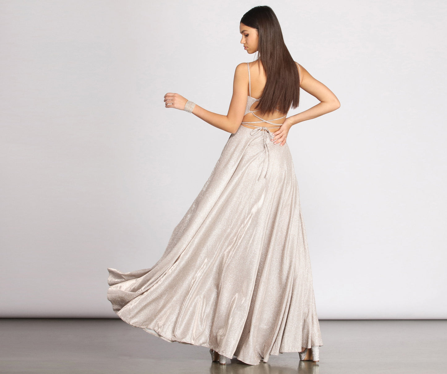 Glitter V-Neck Spaghetti Strap A-Line Pleated Maxi Gown