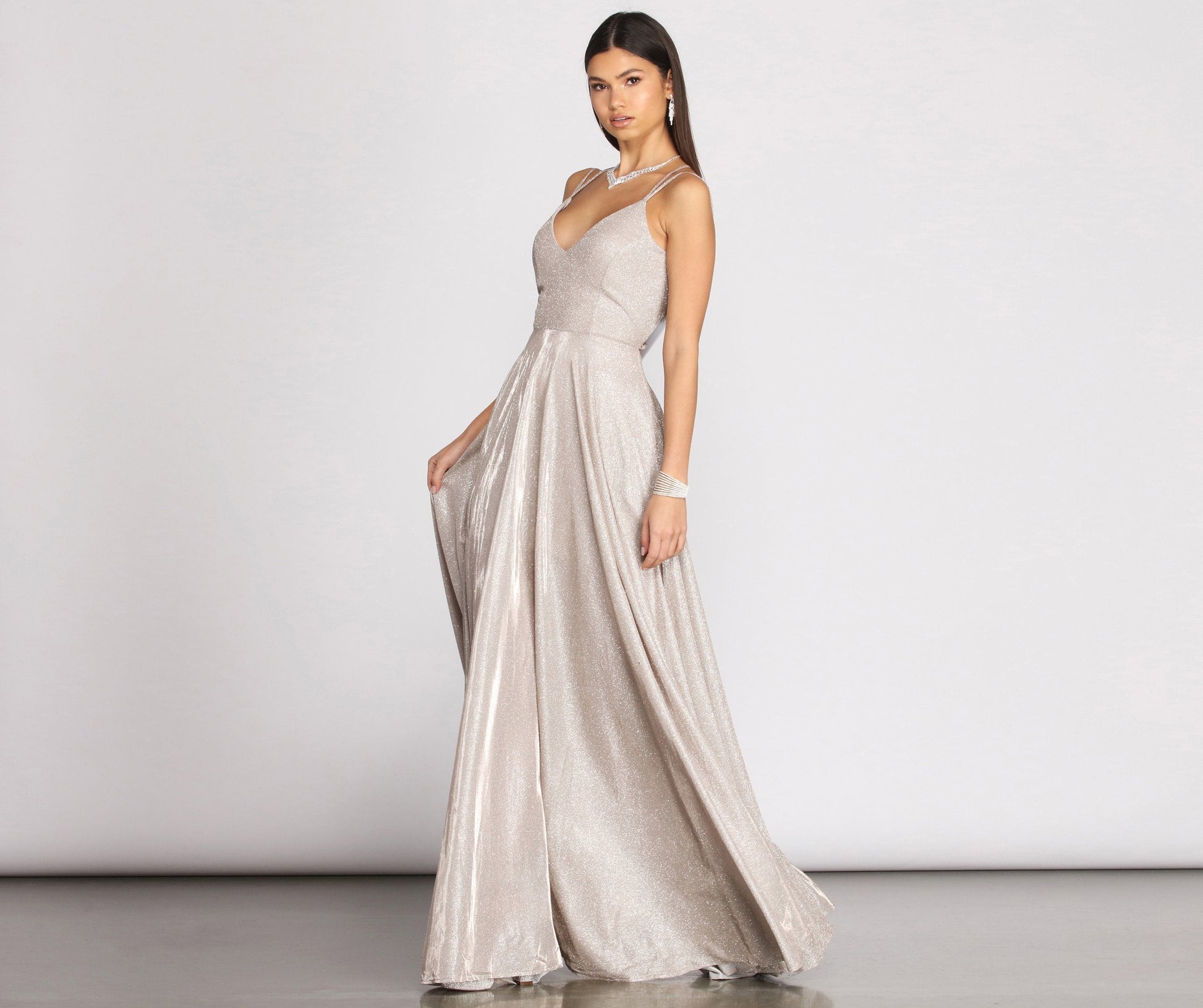 Glitter V-Neck Spaghetti Strap A-Line Pleated Maxi Gown