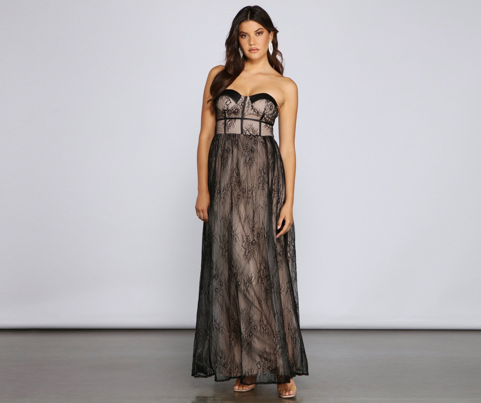 Strapless Sweetheart Corset Lace Overlay Bustier Empire Waist Floral Lace Maxi Gown