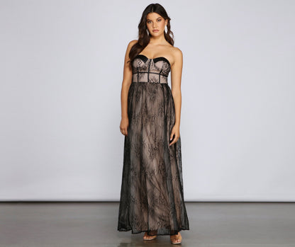 Strapless Sweetheart Corset Lace Overlay Bustier Empire Waist Floral Lace Maxi Gown