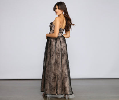 Strapless Sweetheart Corset Lace Overlay Bustier Empire Waist Floral Lace Maxi Gown