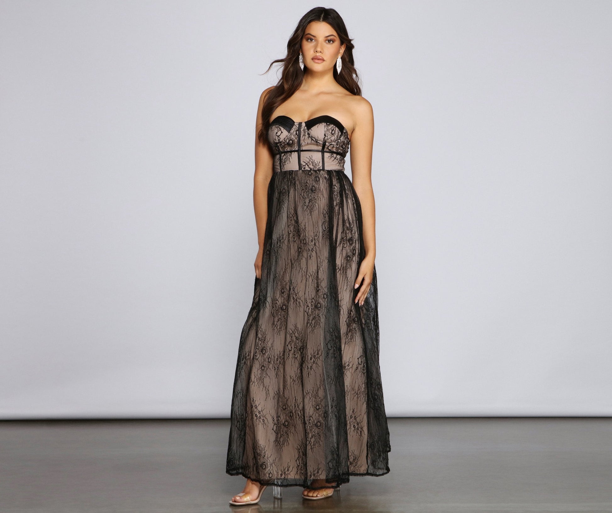 Strapless Sweetheart Corset Lace Overlay Bustier Empire Waist Floral Lace Maxi Gown