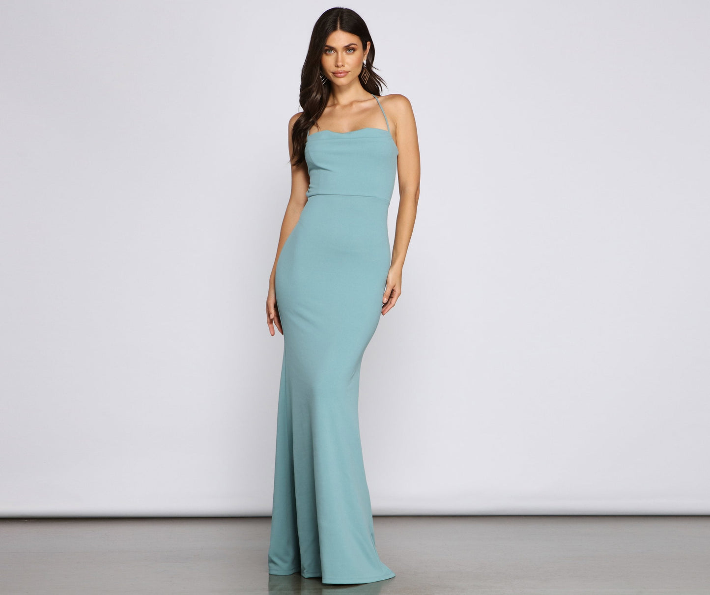 Spaghetti Strap Cowl Neck Lace Up Mermaid Maxi Gown