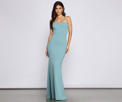 Spaghetti Strap Cowl Neck Lace Up Mermaid Maxi Gown