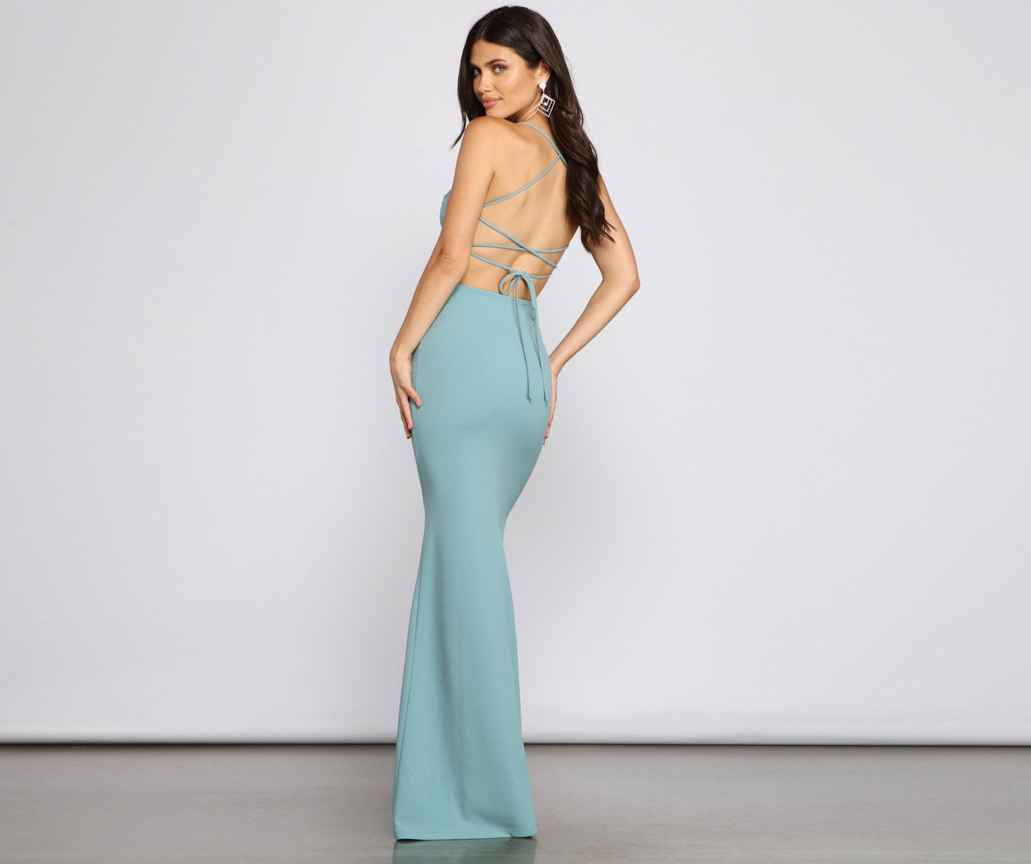 Spaghetti Strap Cowl Neck Lace Up Mermaid Maxi Gown