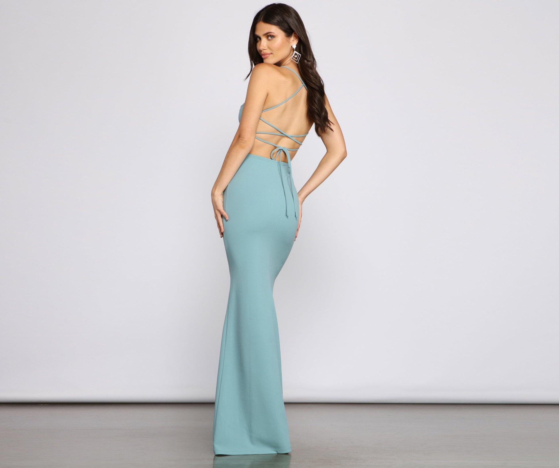 Spaghetti Strap Cowl Neck Lace Up Mermaid Maxi Gown