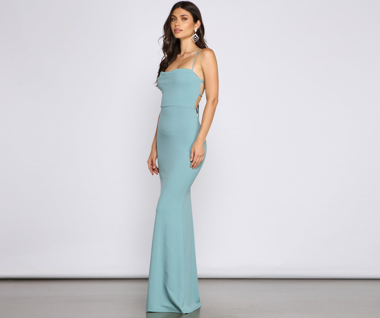 Spaghetti Strap Cowl Neck Lace Up Mermaid Maxi Gown