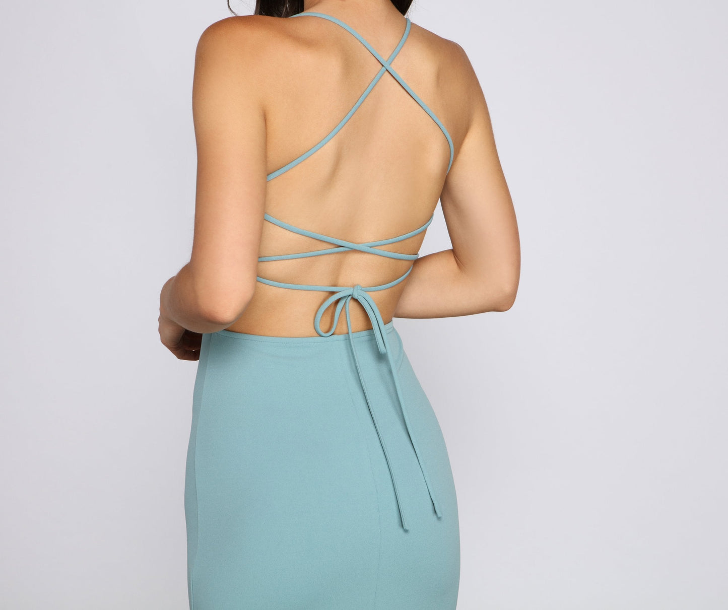 Spaghetti Strap Cowl Neck Lace Up Mermaid Maxi Gown