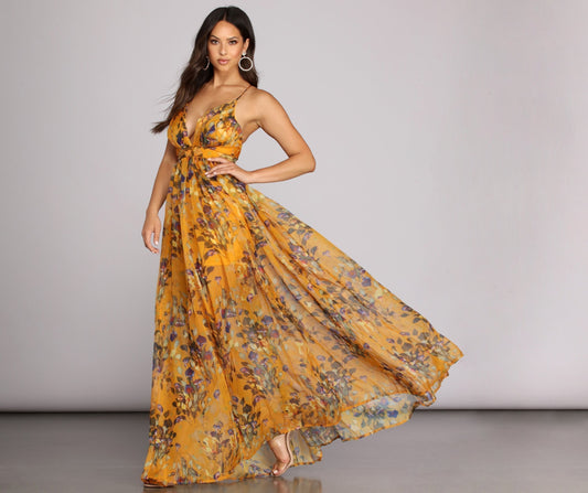 Deep V-Neck Spaghetti Strap Floral Chiffon Full A-Line Maxi Dress