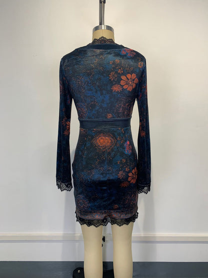 Lace Trim Floral Print Velvet V-Neck Bodycon Long Sleeve Mini Dress For Women 2026