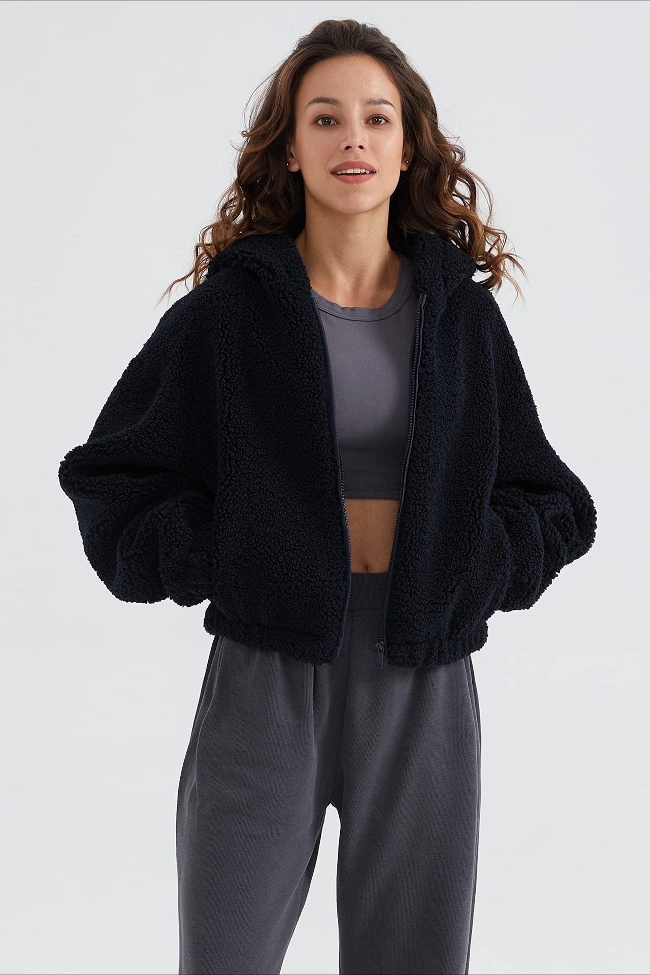Fuzzy Hooded Zip Short Jacket