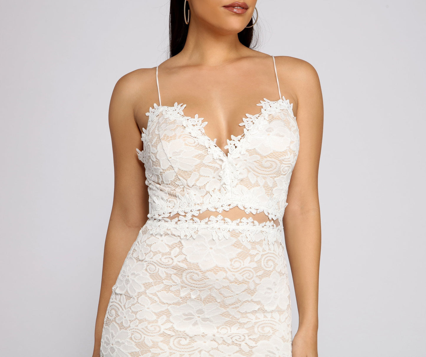 Floral Lace Deep V-Neck Waist Cutout Spaghetti Strap Bodycon Mini Dress