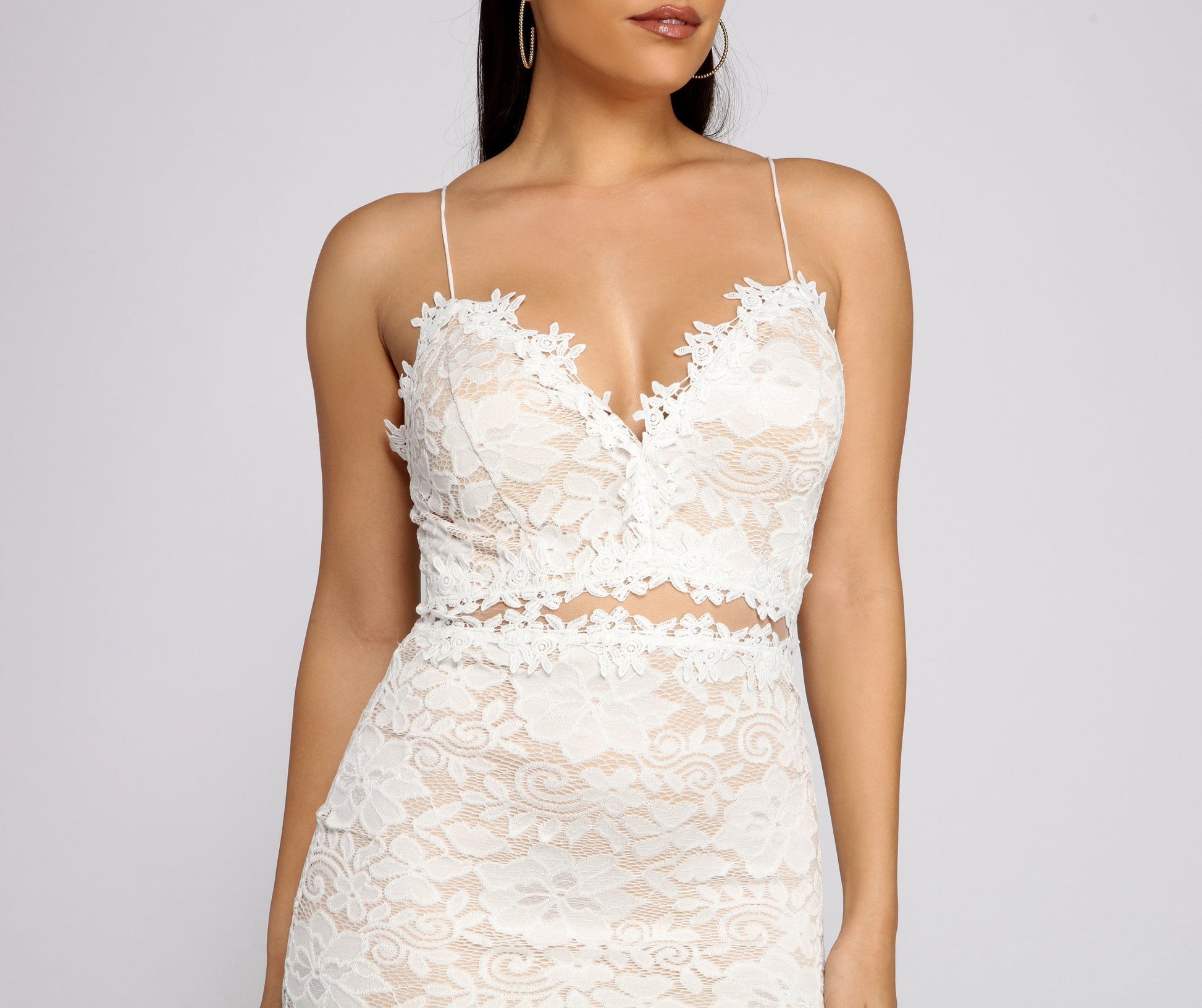 Floral Lace Deep V-Neck Waist Cutout Spaghetti Strap Bodycon Mini Dress