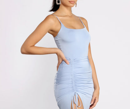 Scoop Neck Spaghetti Strap Ruched Drawstring Thigh Slit Bodycon Maxi Dress
