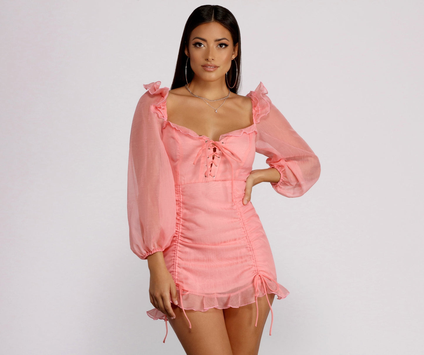 Sweetheart Lace Up Corset Bodice Organza Bishop Sleeve Ruched Mini Dress