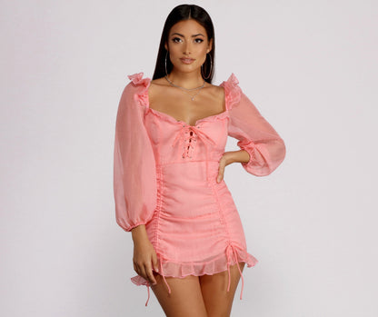 Sweetheart Lace Up Corset Bodice Organza Bishop Sleeve Ruched Mini Dress
