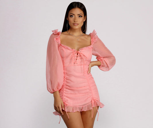 Sweetheart Lace Up Corset Bodice Organza Bishop Sleeve Ruched Mini Dress