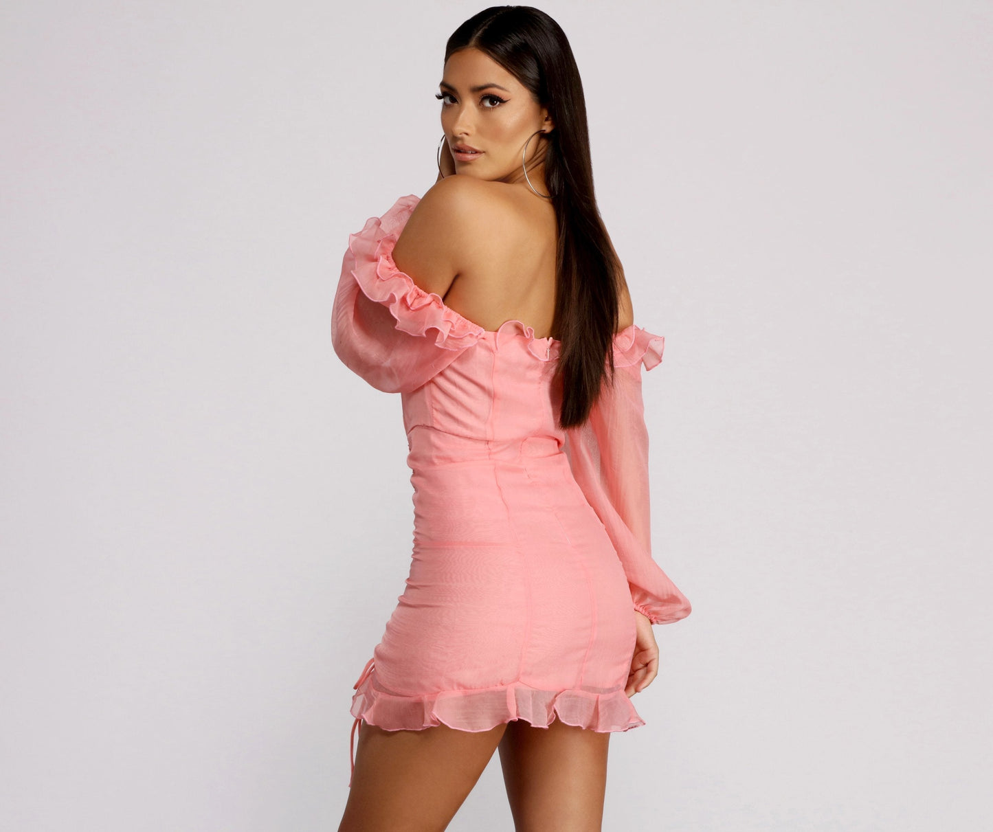 Sweetheart Lace Up Corset Bodice Organza Bishop Sleeve Ruched Mini Dress