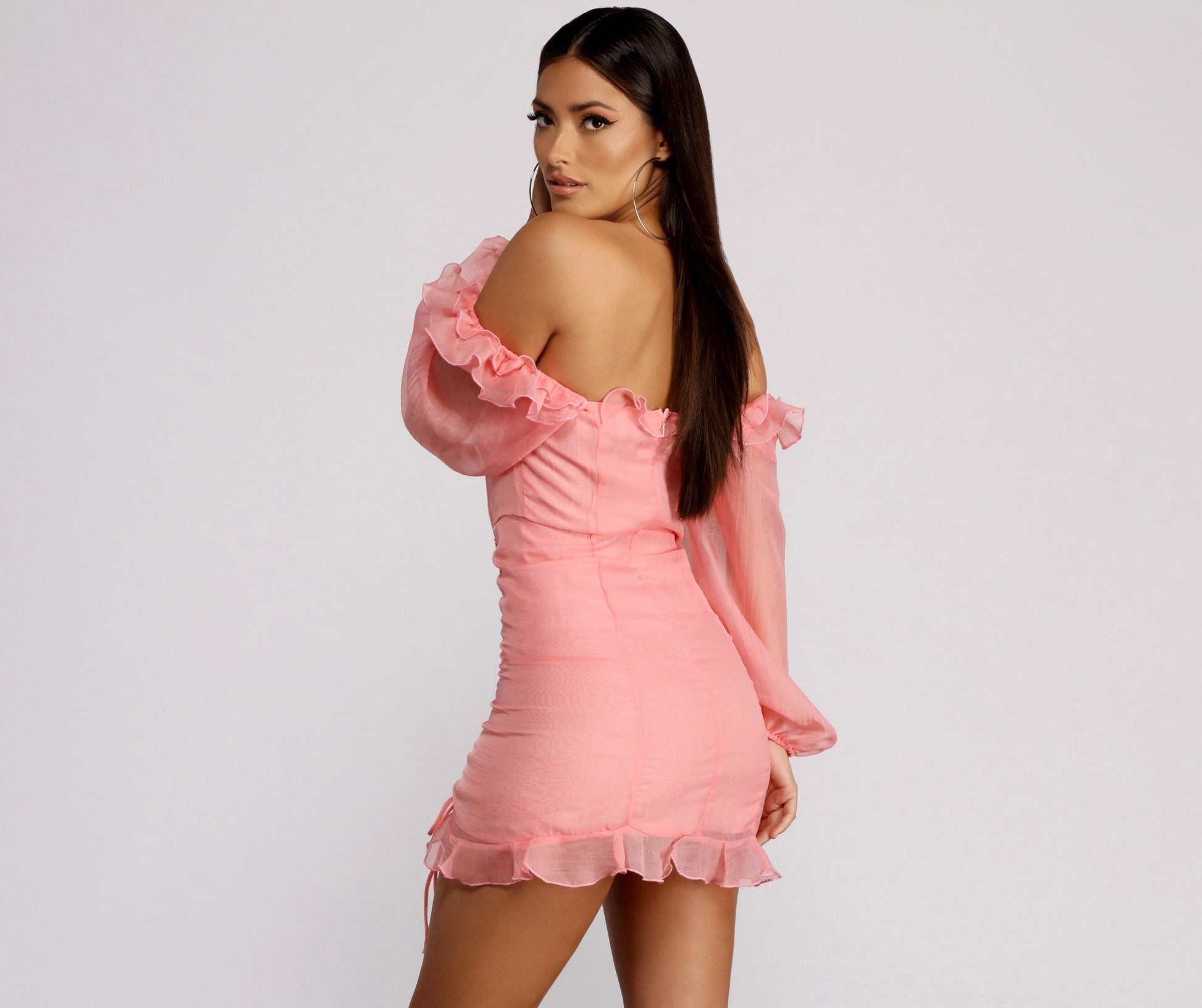 Sweetheart Lace Up Corset Bodice Organza Bishop Sleeve Ruched Mini Dress