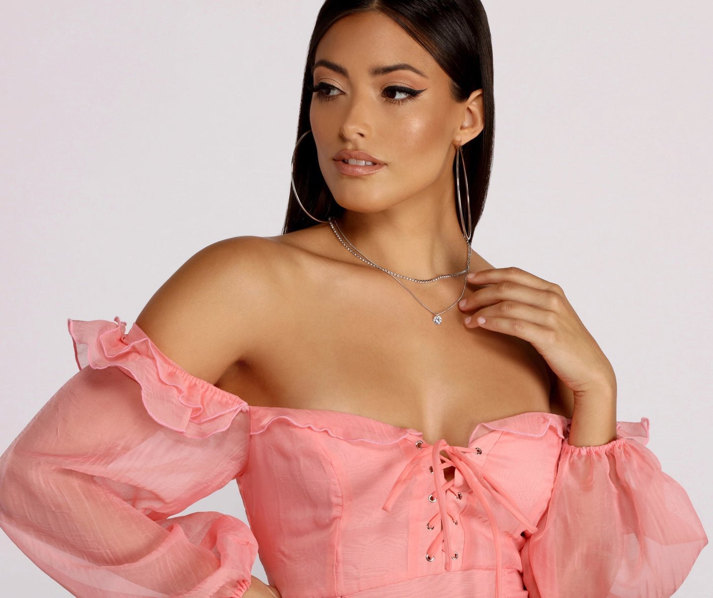 Sweetheart Lace Up Corset Bodice Organza Bishop Sleeve Ruched Mini Dress