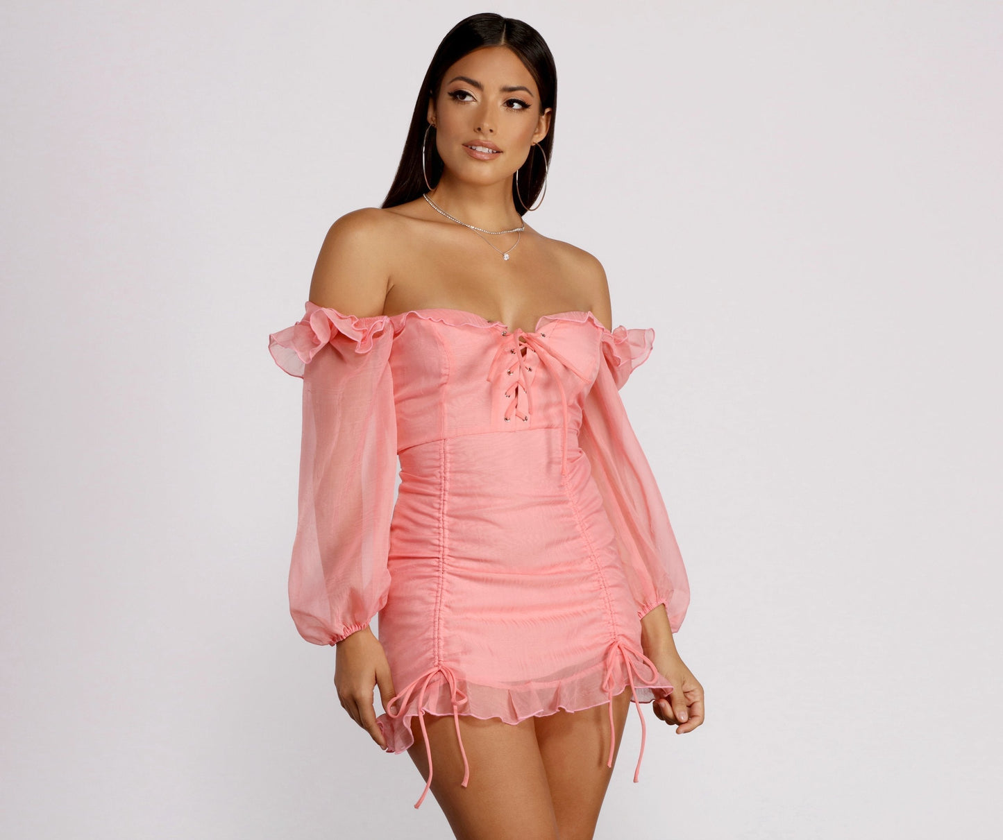 Sweetheart Lace Up Corset Bodice Organza Bishop Sleeve Ruched Mini Dress