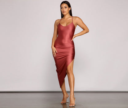 Deep V-Neck Spaghetti Strap Side Ruched High Slit Asymmetric Hem Midi Dress