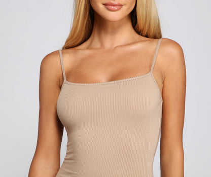 Square Neck Spaghetti Strap Side Slit Ribbed Knit Bodycon Midi Dress