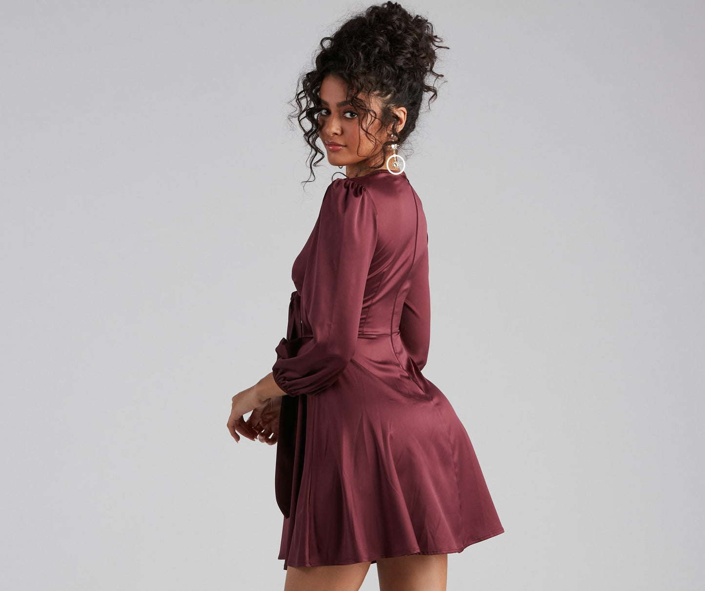 Deep V-Neck Tie Front Knot Long Bishop Sleeve Satin Skater Mini Dress