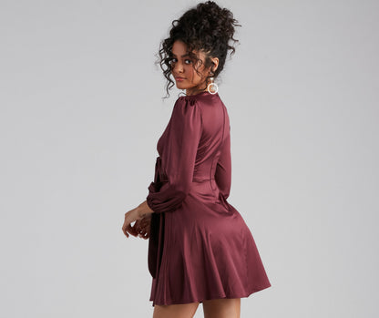 Deep V-Neck Tie Front Knot Long Bishop Sleeve Satin Skater Mini Dress