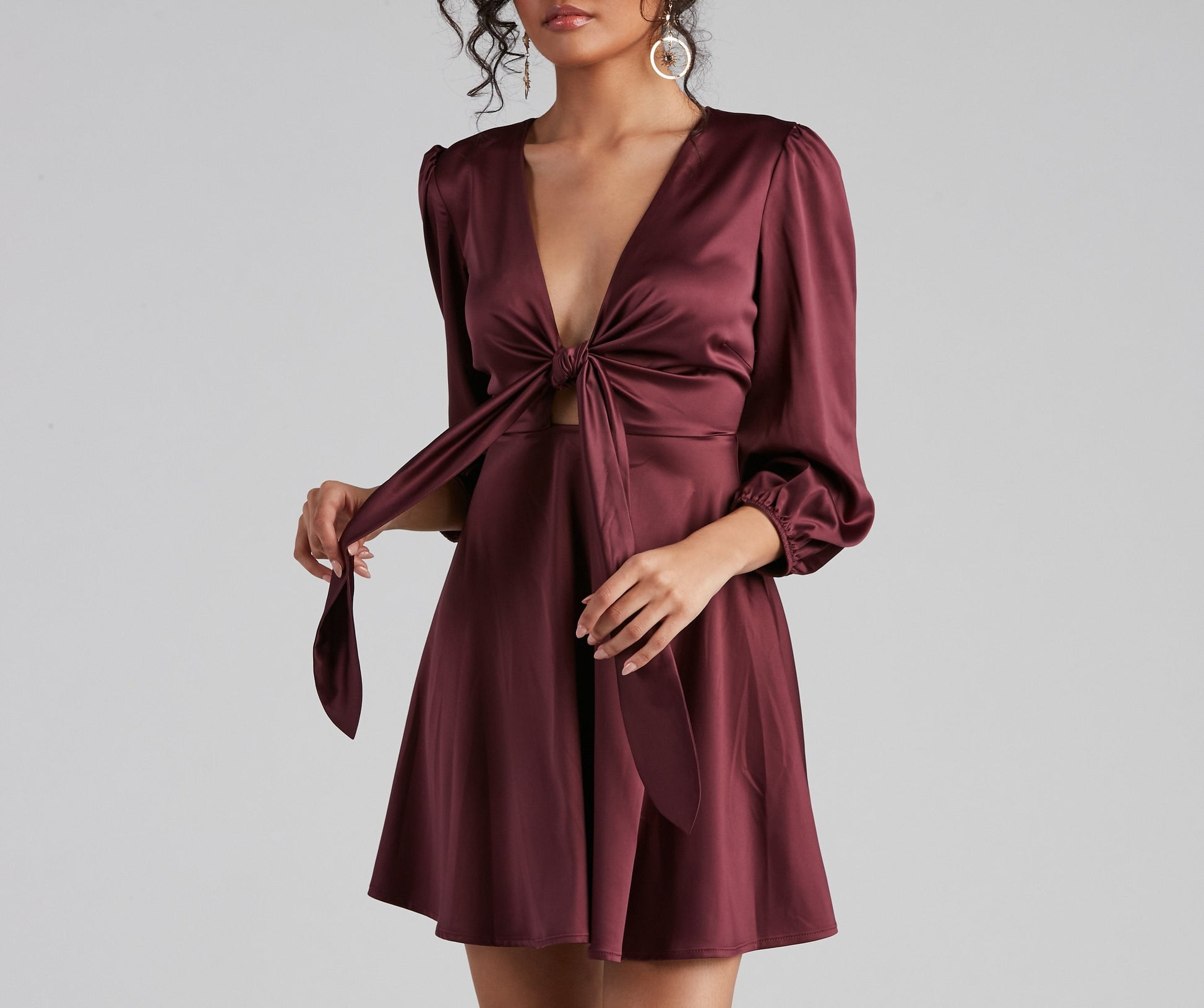 Deep V-Neck Tie Front Knot Long Bishop Sleeve Satin Skater Mini Dress