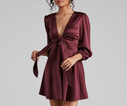Deep V-Neck Tie Front Knot Long Bishop Sleeve Satin Skater Mini Dress