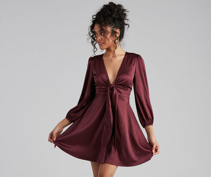 Deep V-Neck Tie Front Knot Long Bishop Sleeve Satin Skater Mini Dress