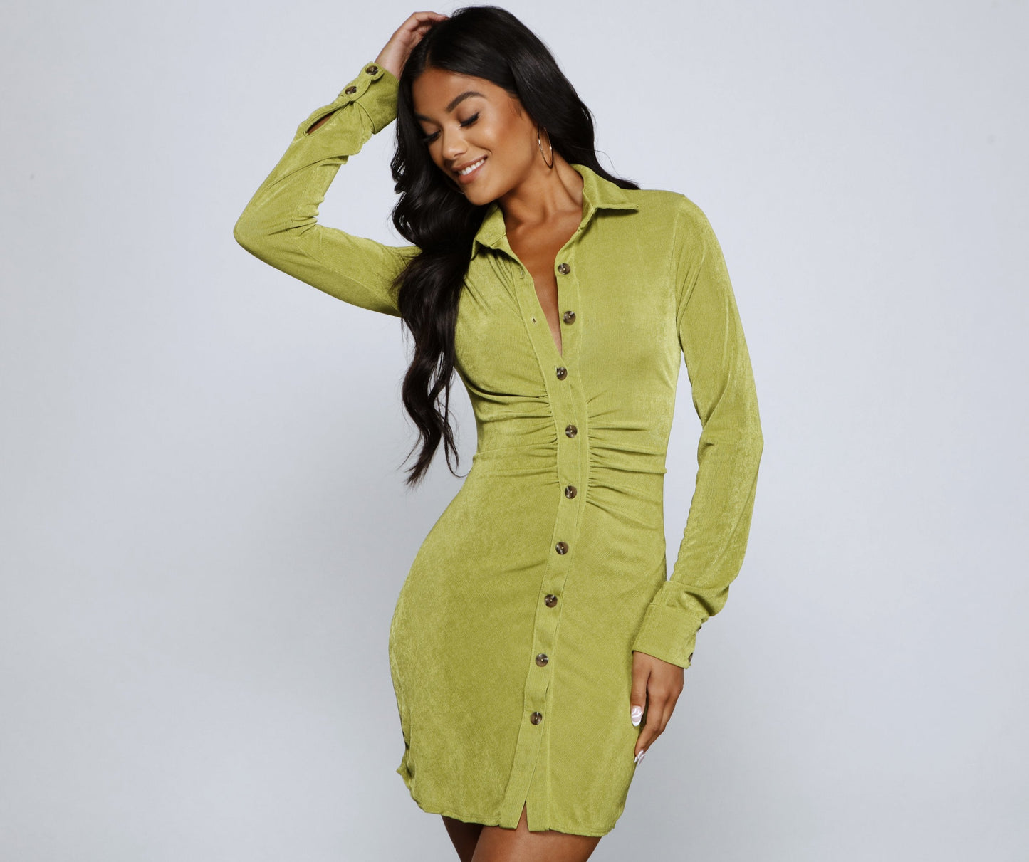 Ruched Collar Button-Front Long Sleeve Shirt Mini Dress
