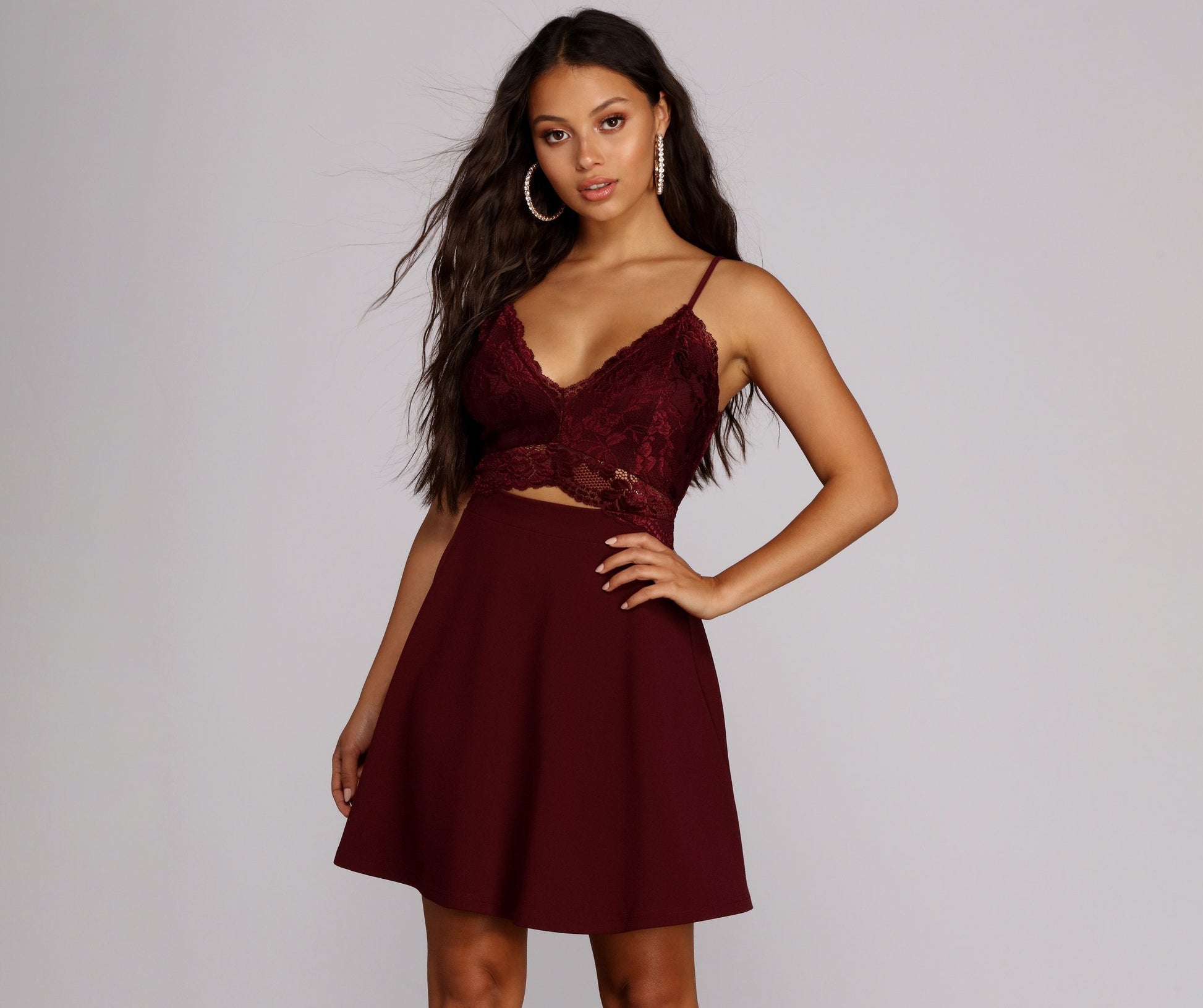 Floral Lace Deep V-Neck Spaghetti Strap Triangle Cutout Fit-and-Flare Mini Dress
