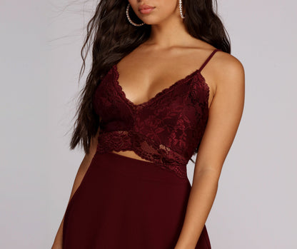 Floral Lace Deep V-Neck Spaghetti Strap Triangle Cutout Fit-and-Flare Mini Dress