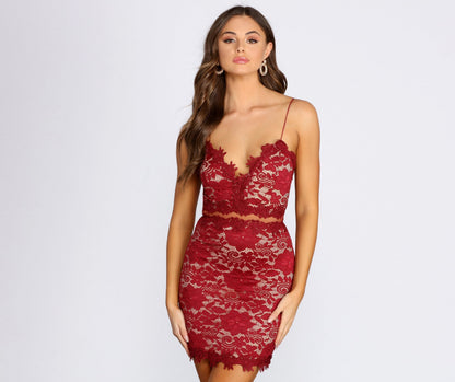 Floral Lace Deep V-Neck Waist Cutout Spaghetti Strap Bodycon Mini Dress