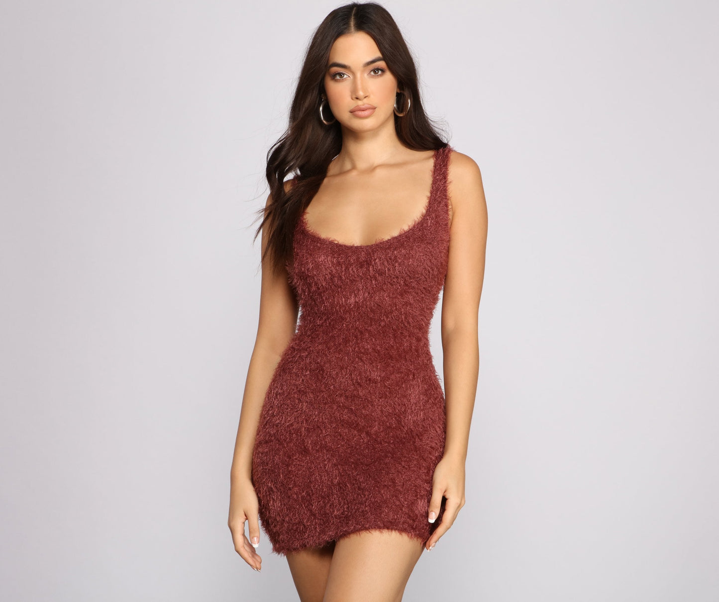 Shaggy Eyelash Knit Scoop Neck Sleeveless Bodycon Mini Dress