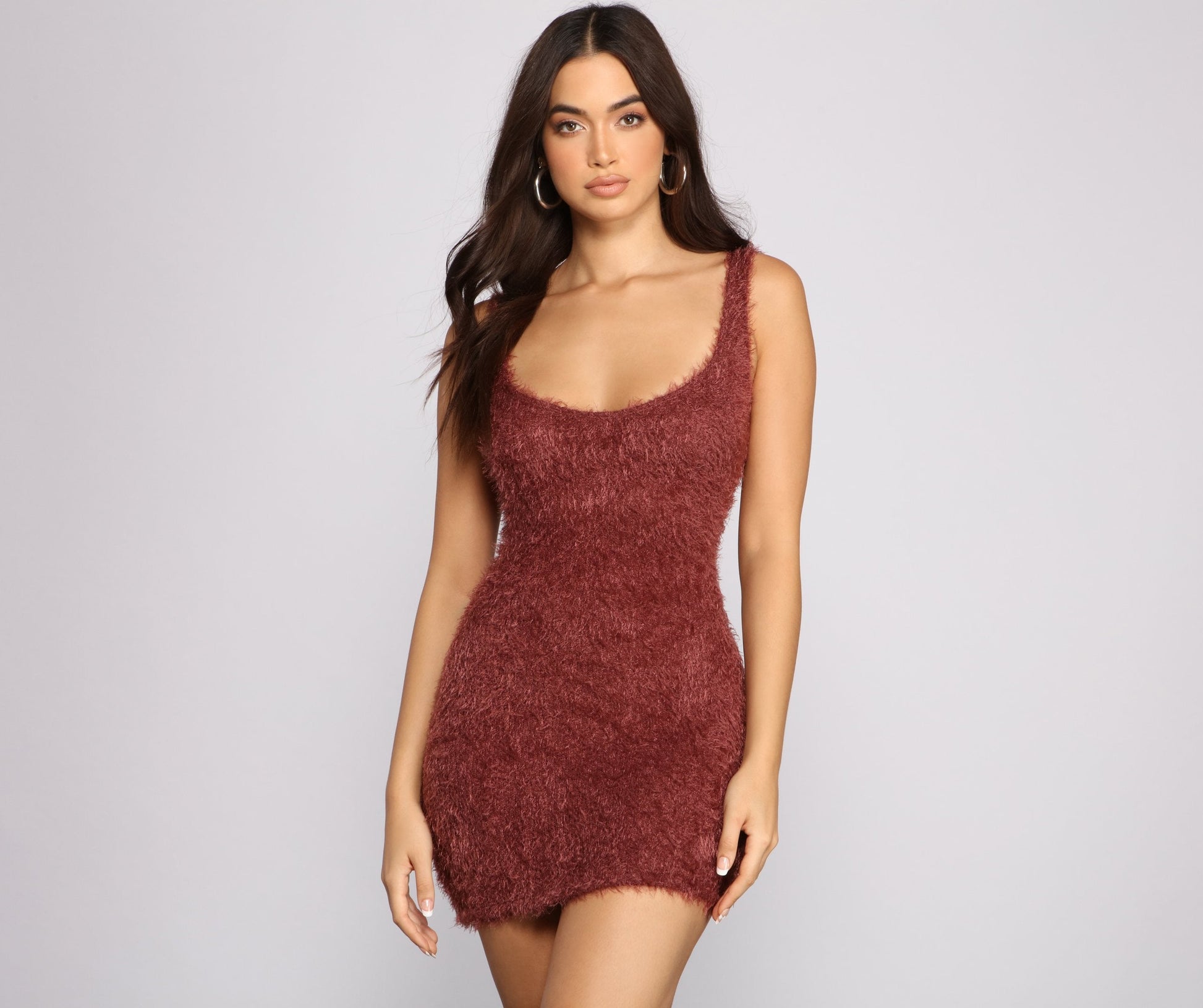 Shaggy Eyelash Knit Scoop Neck Sleeveless Bodycon Mini Dress