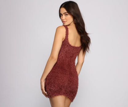 Shaggy Eyelash Knit Scoop Neck Sleeveless Bodycon Mini Dress